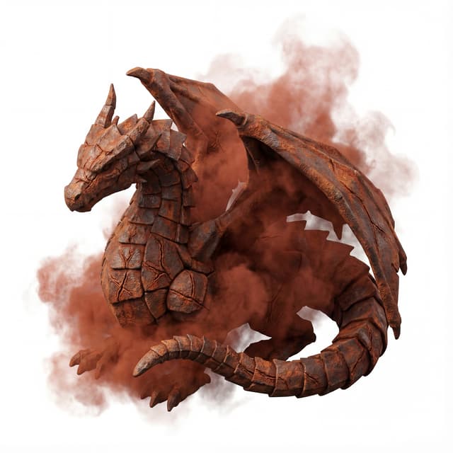 An isometric dragon of corroded iron plates etched with erosion lines engulfed in a rust-red haze symbolizing decay and renewal.