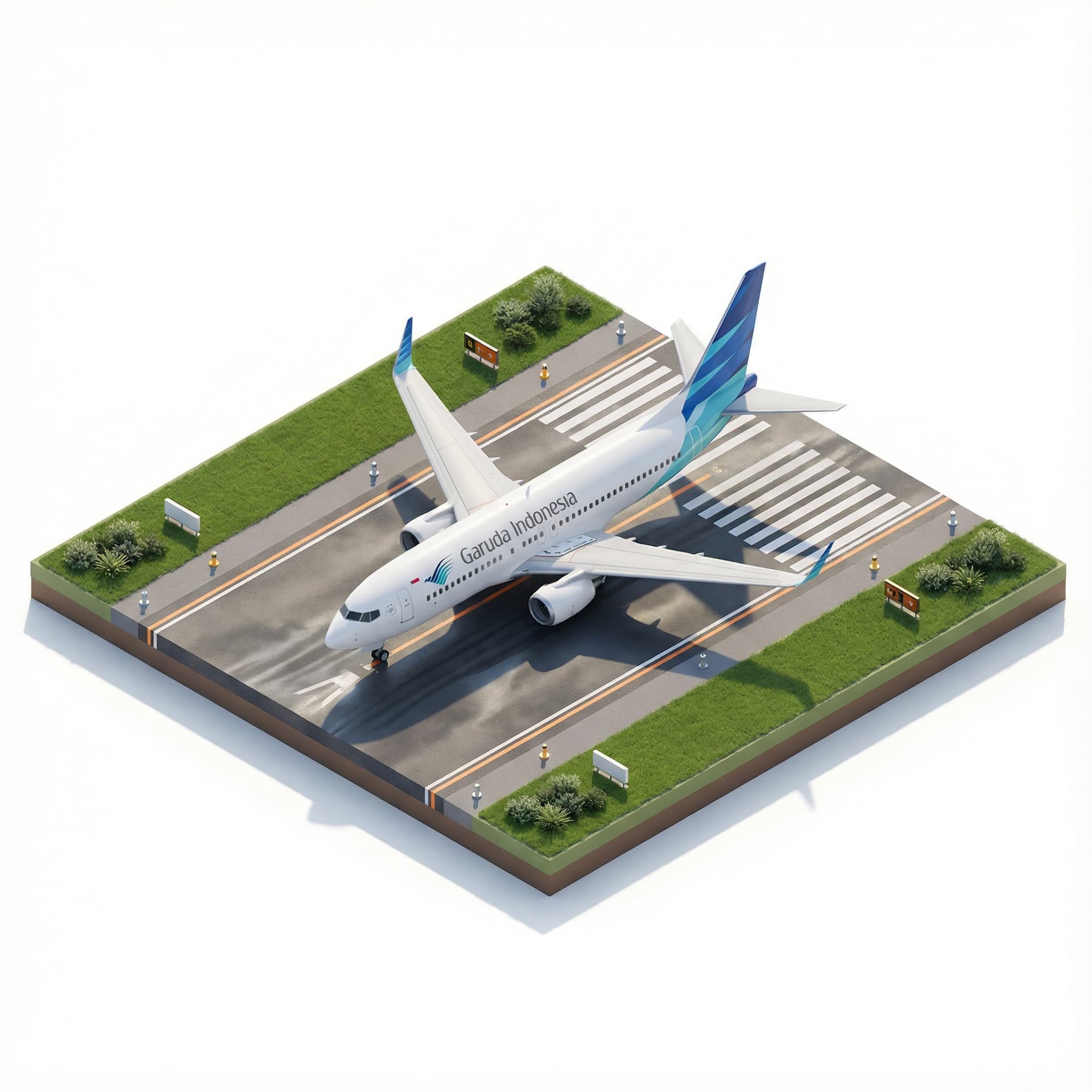 3D isometric icon: Generate a high-quality 3D isometric diorama at 45° angle featuring a modern twin-engine narrow-body airplane. Use garuda indonesia style colour. Place it on a runway + taxiway transition zone with crisp paint lines, textured asphalt, and subtle ambient reflections. Build the miniature scene on a raised diorama platform with neatly cut grass, low shrubs, and clean airport-edge details.