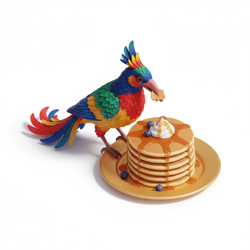 3D isometric icon: burung pancarobaa makan pancake
